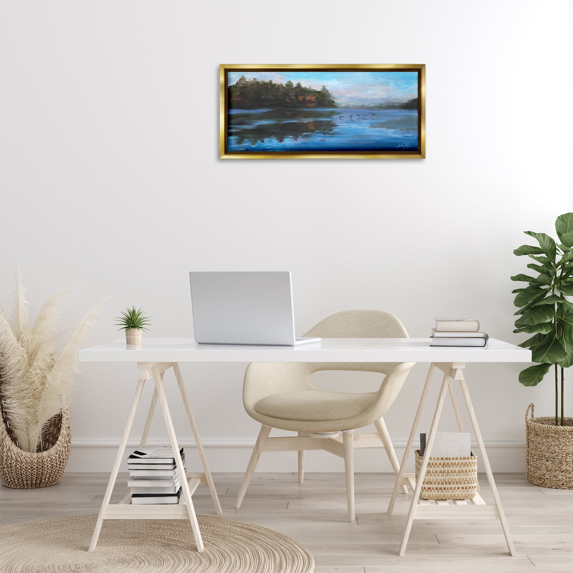 Stupell Industries Birds Along River Landscape Painting Gold Floater Framed Art Print Wall Art, 31 x 14