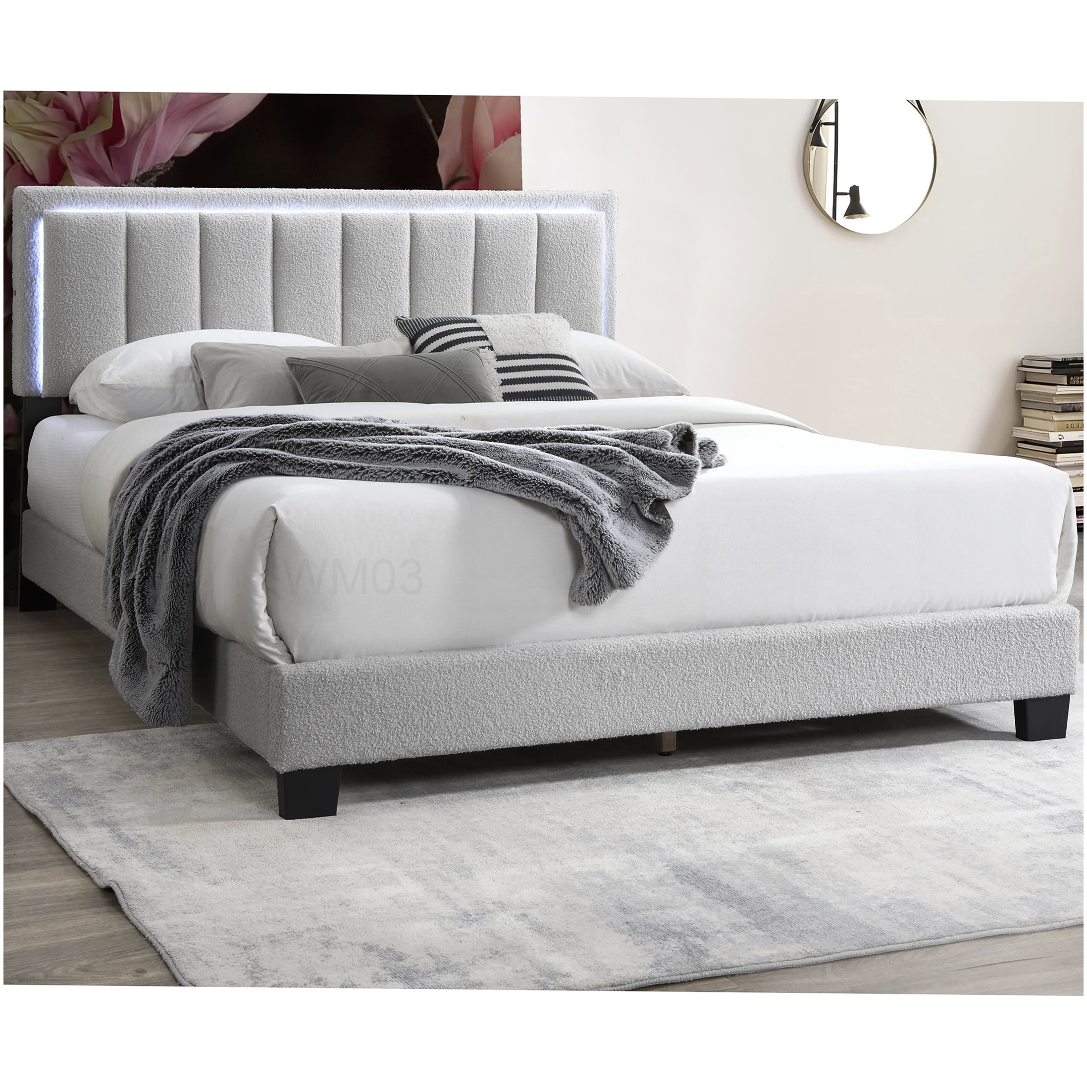 Modern Light Gray Upholstered Queen Bed with LED Lights, Channel Tufted Headboard Platform Bed Frame, No Box Spring Required