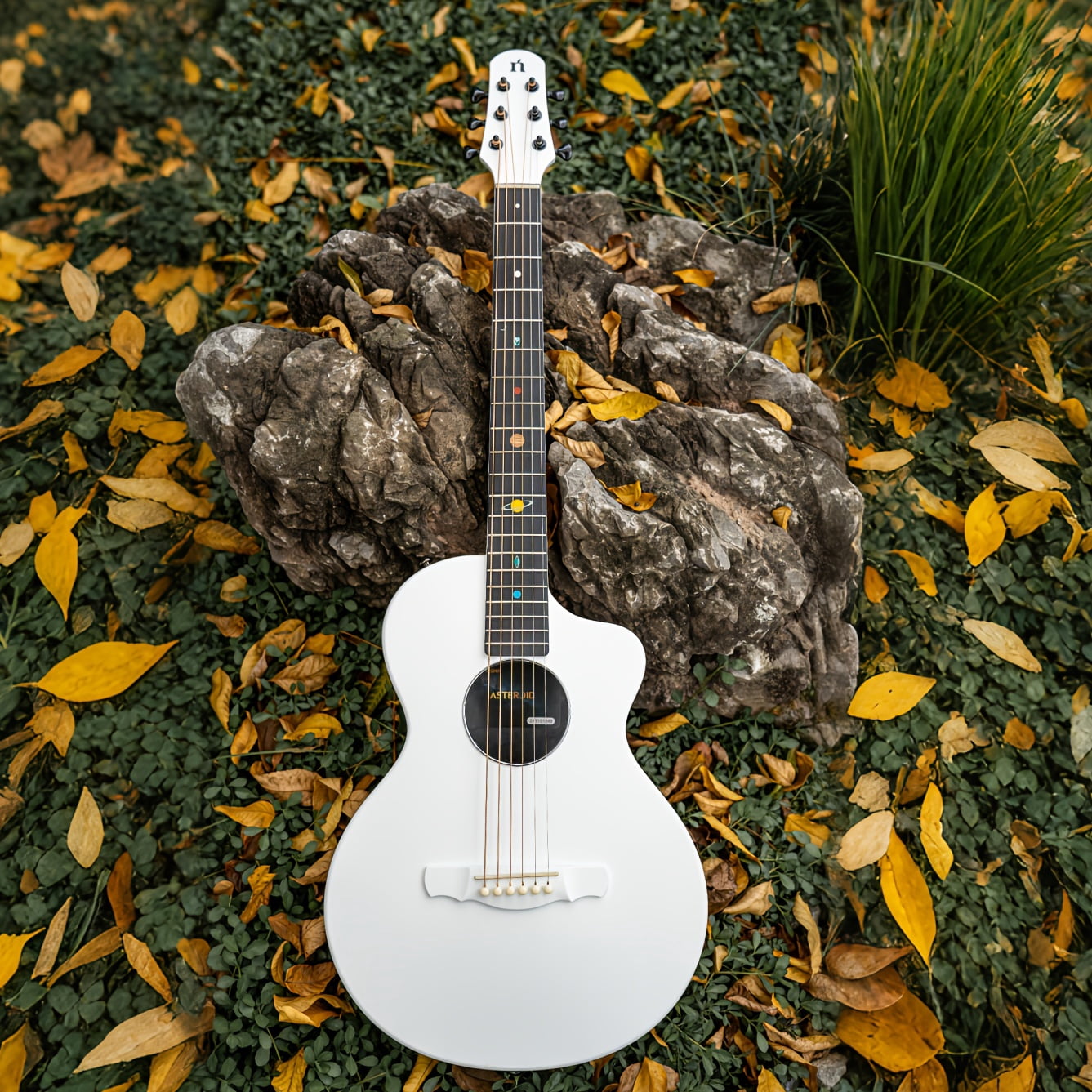 Natasha Solar System Asteroid Carbon Fiber White 38-inch Folk Guitar. Premium guitar case and fretboard cleaning cloth.