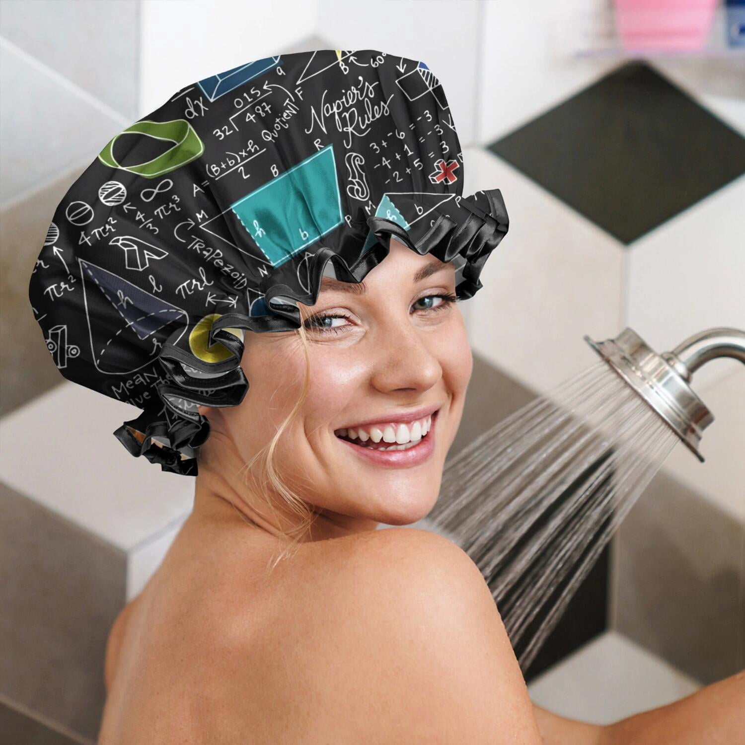 Shower Caps,Math Equations Symbols Black Pattern Waterproof Shower Cap for Women 4 Pieces,Double Reusable Hair Cover for Shower PEVA Elastic Stretch Hem