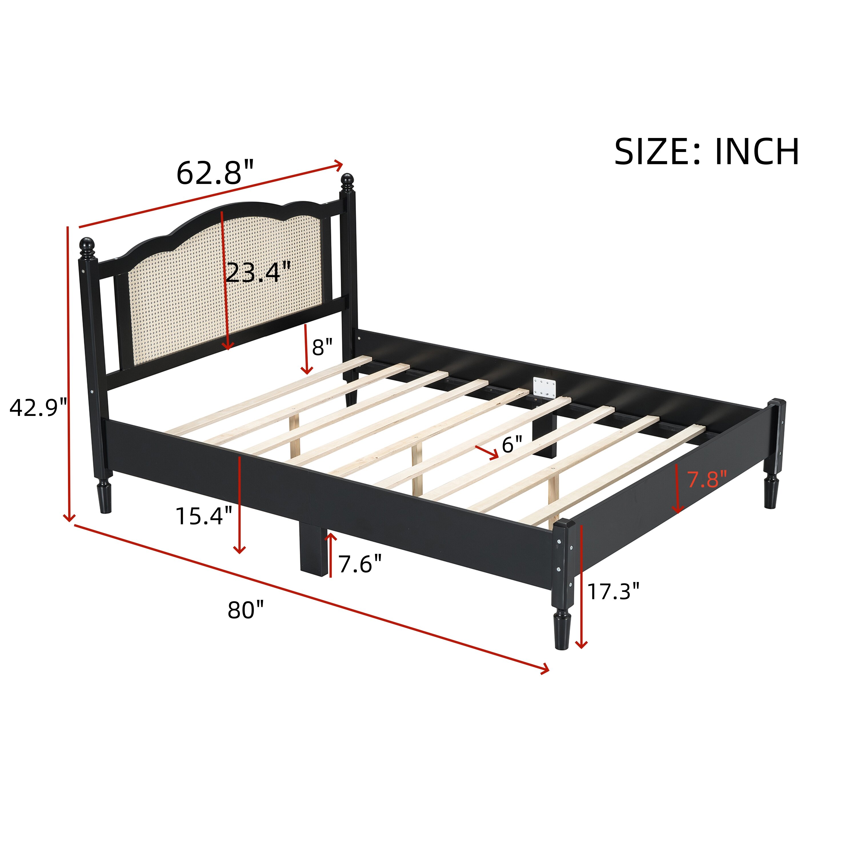 Queen Size Adjustable Bed Base, Queen Size Wooden Platform Bed with Natural Rattan Headboard, Vintage Bed Frame with Wooden Slat Support, Black, Black Bed Frames,Wood Platform Bed Frames