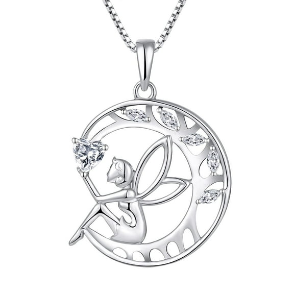 FJ Guardian Angel Necklace 925 Sterling Silver Cubic Zirconia Pendant Tree of Life Fairy Moon Necklace April Birthstone Jewelry Gifts for Women