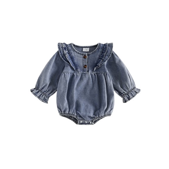Cjfdfy Newborn Baby Girl Denim Fall Outfit Romper Ruffle Long Sleeve Button Closure Solid Fall Bodysuit Infant Girl Cute Denim Romper Baby Cowgirl Outfits Casual Fall Winter Clothes