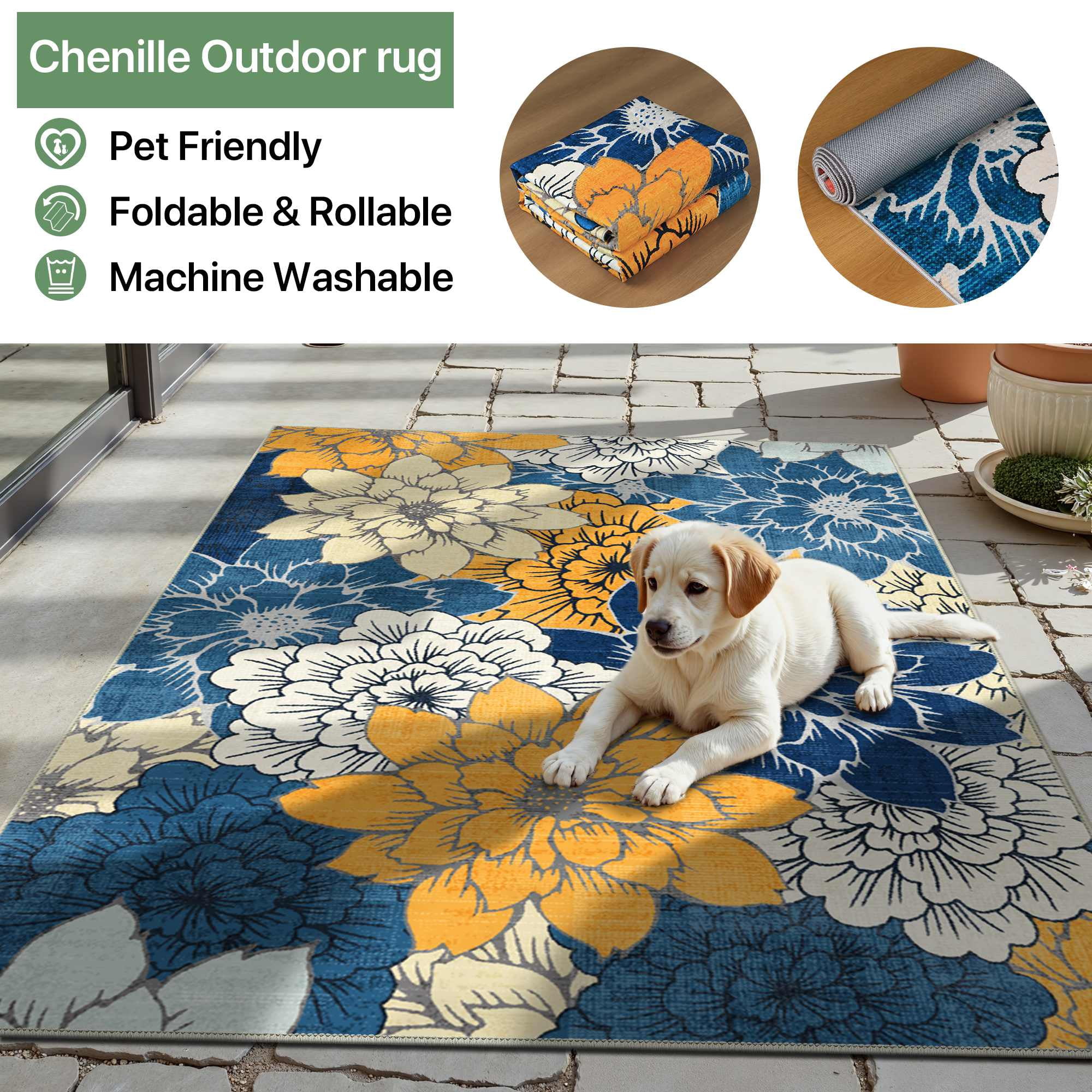 DEORAB 5'x8' Outdoor Rug Chenille Patio Carpet Three-Layer Material Imitation Silicone Spot Molding Camping Outside RV Mat,Blue