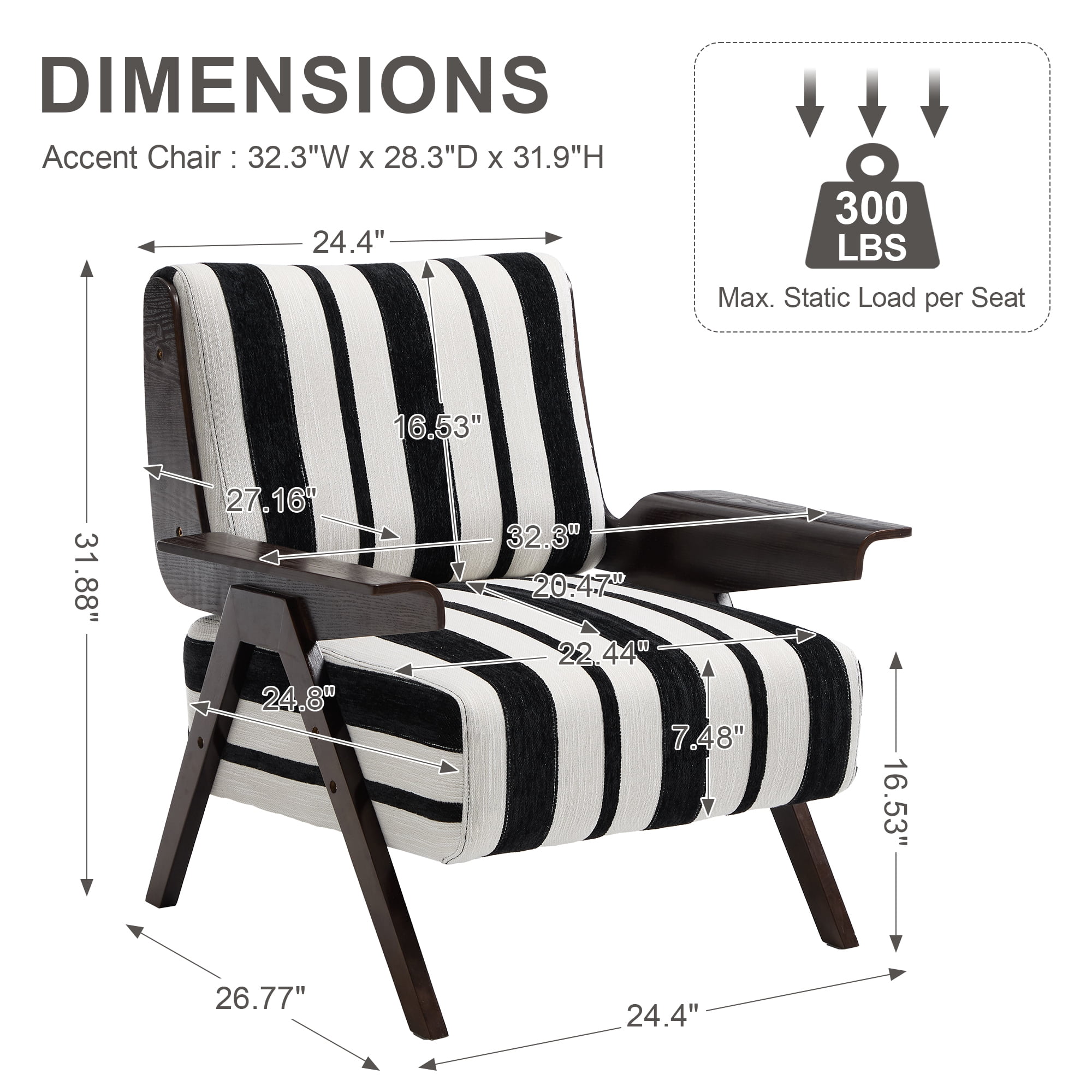 Leumius Modern Armchair with Widened Armrests Single Sofa Chair with Solid Wood Legs Comfortable Casual Reading Chair for Living Room, Bedroom, Office Black and White Stripes