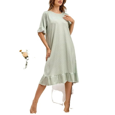 

Elegant Polka Dot Round Neck Nightgowns Mint Green Elbow-Length Women Nightgowns & Sleepshirts S