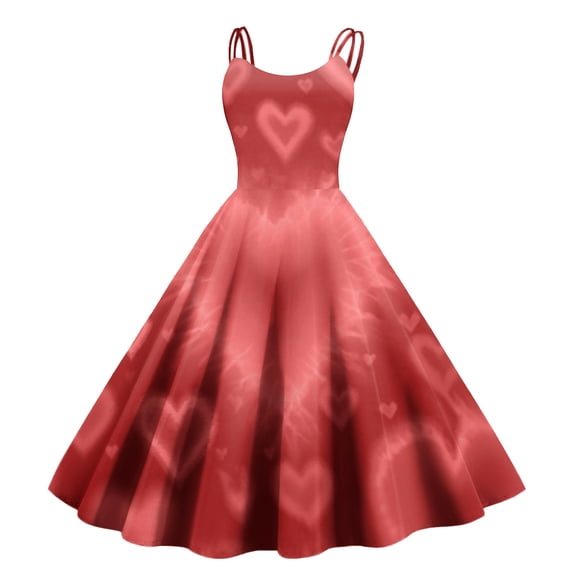 LWavelet 2026 Valentine's Charming Heart Print Dress, Spaghetti Strap Fitted Waist Flared Swing Valentine Sundress Red 2XL