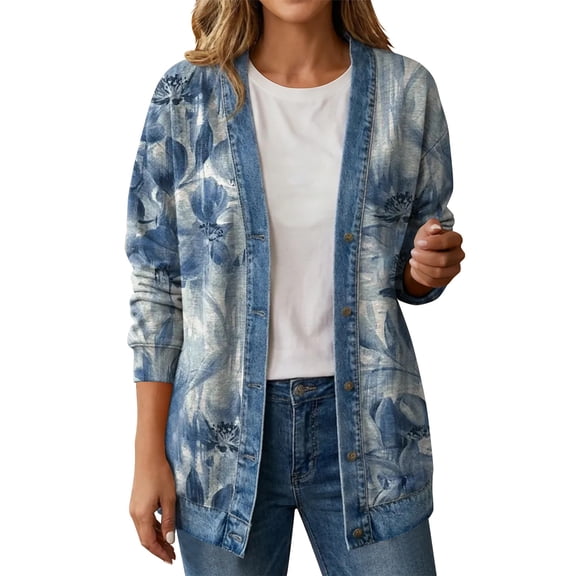 POIUYTR Women Summer Casual Jackets Loose Open Front Long Sleeve Coats Vacation Beach Floral Printed Tops