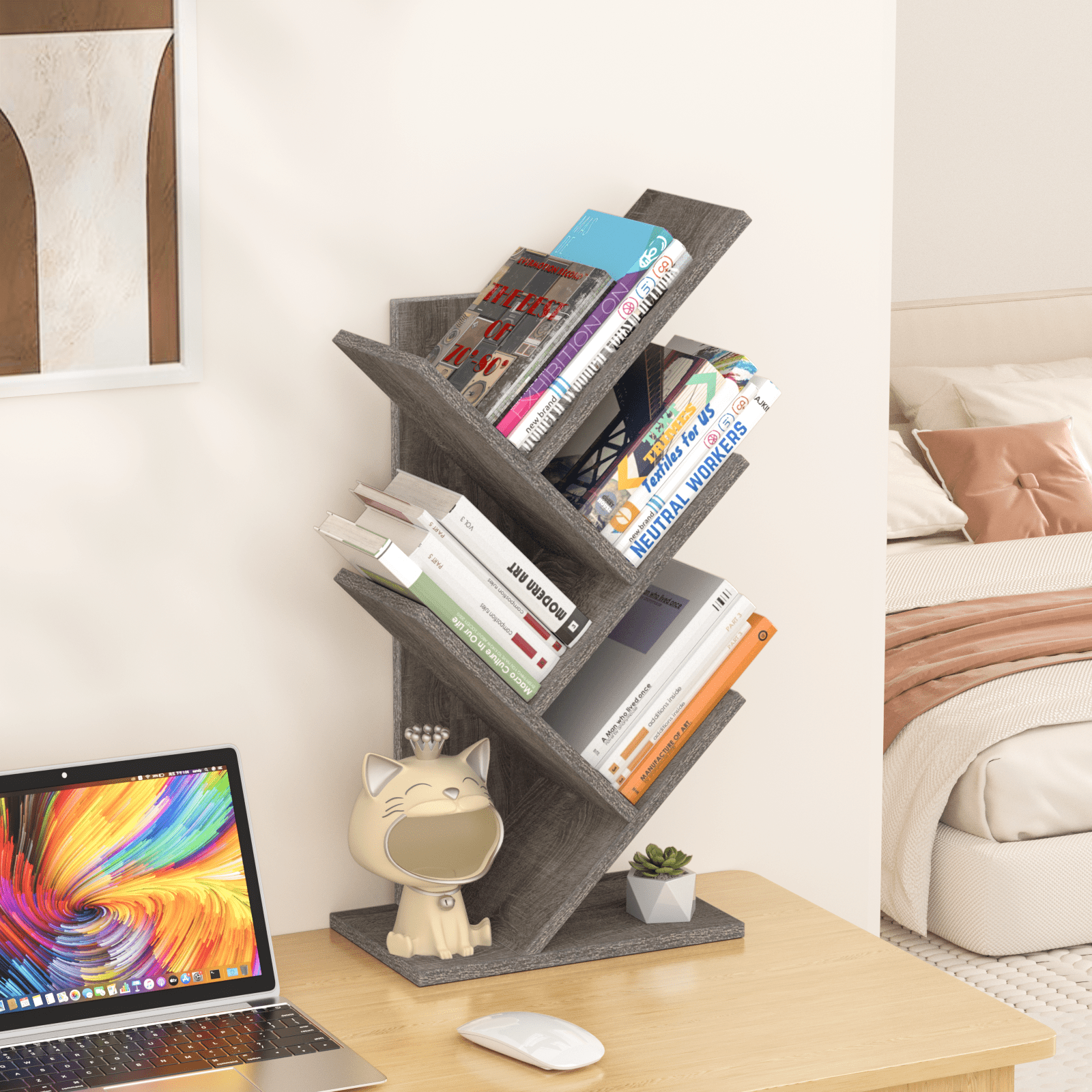 Tree Bookshelf 5-Tier Tabletop Tree Bookcase, Floor Standing Organizer Bookcases for Living Room,Bedroom, Light Grey