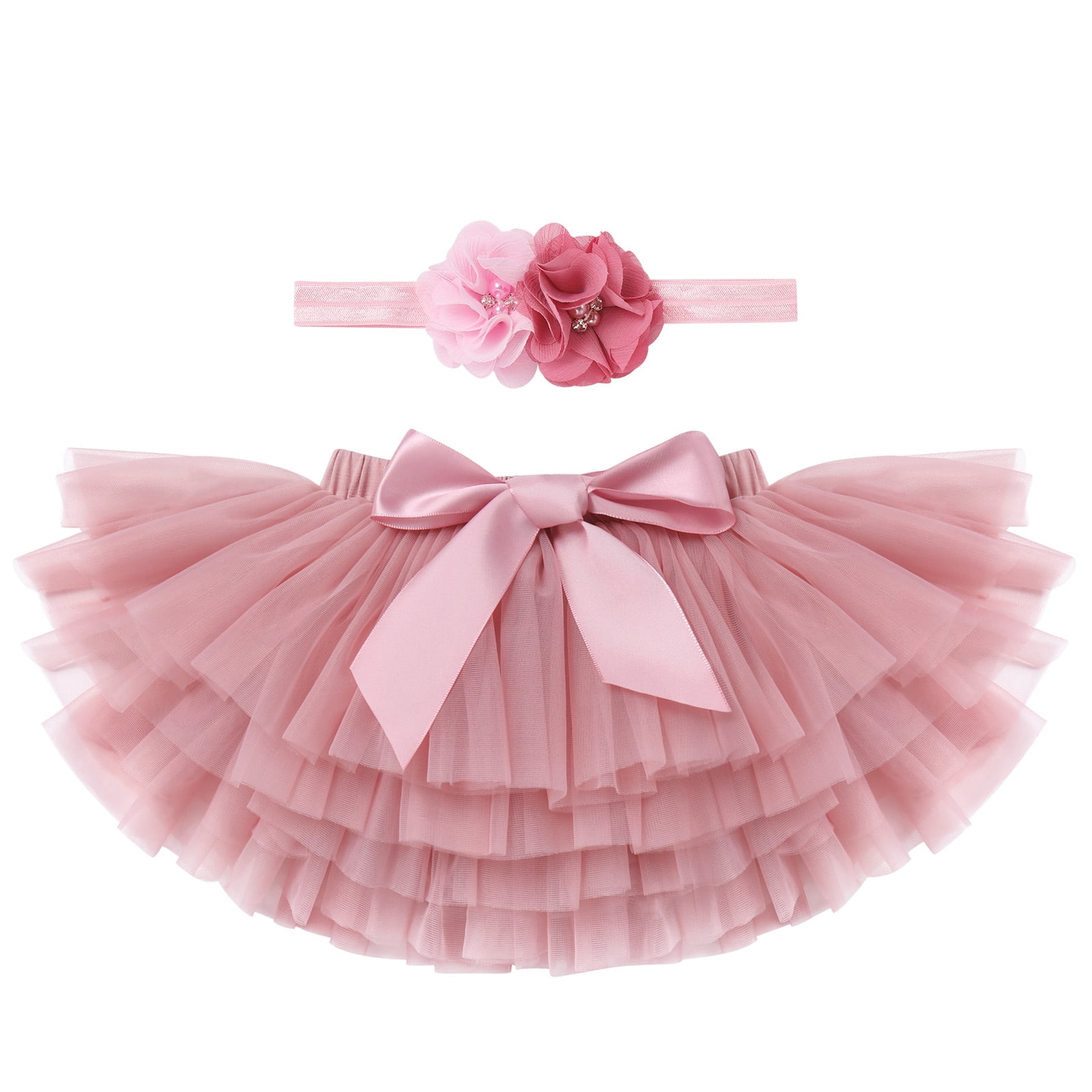 FYMNSI Baby Girls Birthday Outfit Cake Smash Outfit Romper Ruffle Tulle Tutu Skirt with Headband Clothes Set 1T 1# Dusty Pink Flower