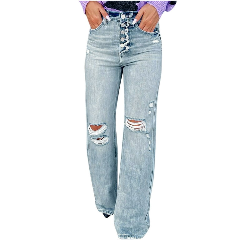 Women's High Waist Stretch Straight Wide Leg Blue Jeans Distressed Comfort  Classic Denim Pants Trousers with Pockets