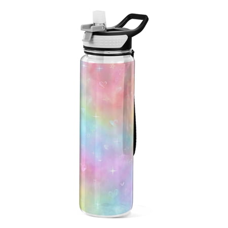 1000ML Transparent Sports Water Bottle with Handle & Straw Portable Water Bottle for Outdoor Camping Gym Pastel Rainbow Tie-dye