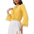 thumbnail image 4 of INSPIRAR CHIC Blusas de Mujer con Mangas de Campana de Encaje Bohemio con Cintura Fruncida Color Amarillo XS, 4 of 6