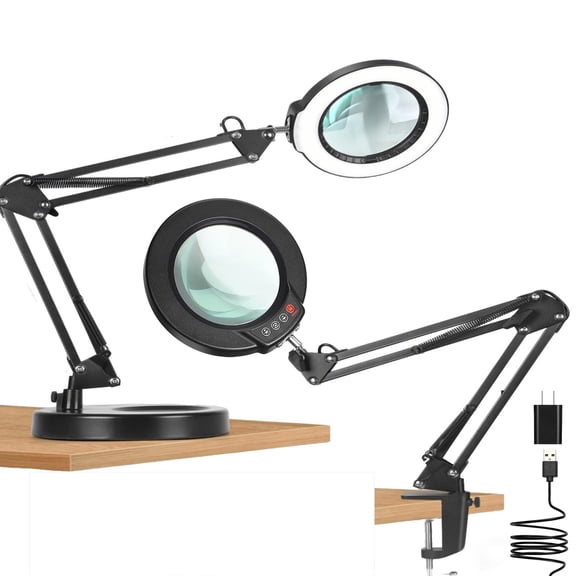 Magnifying Glass with Light and Stand, Real Glass Lens, Multi-Color Modes Dimmable, LED Lighted Desk Lamp & Clamp, Hands Free Magnifier for Repair Craft Painting Close Work