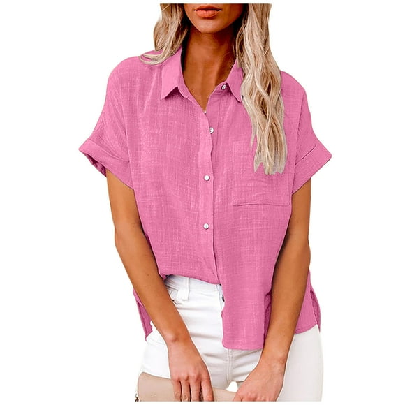 fheaev Button Down Shirts For Womens Dress Shirts Short Sleeve Collared Blouses Lapel Neck Work Office Business Button Shirt Tunic Textured Top With Pockets