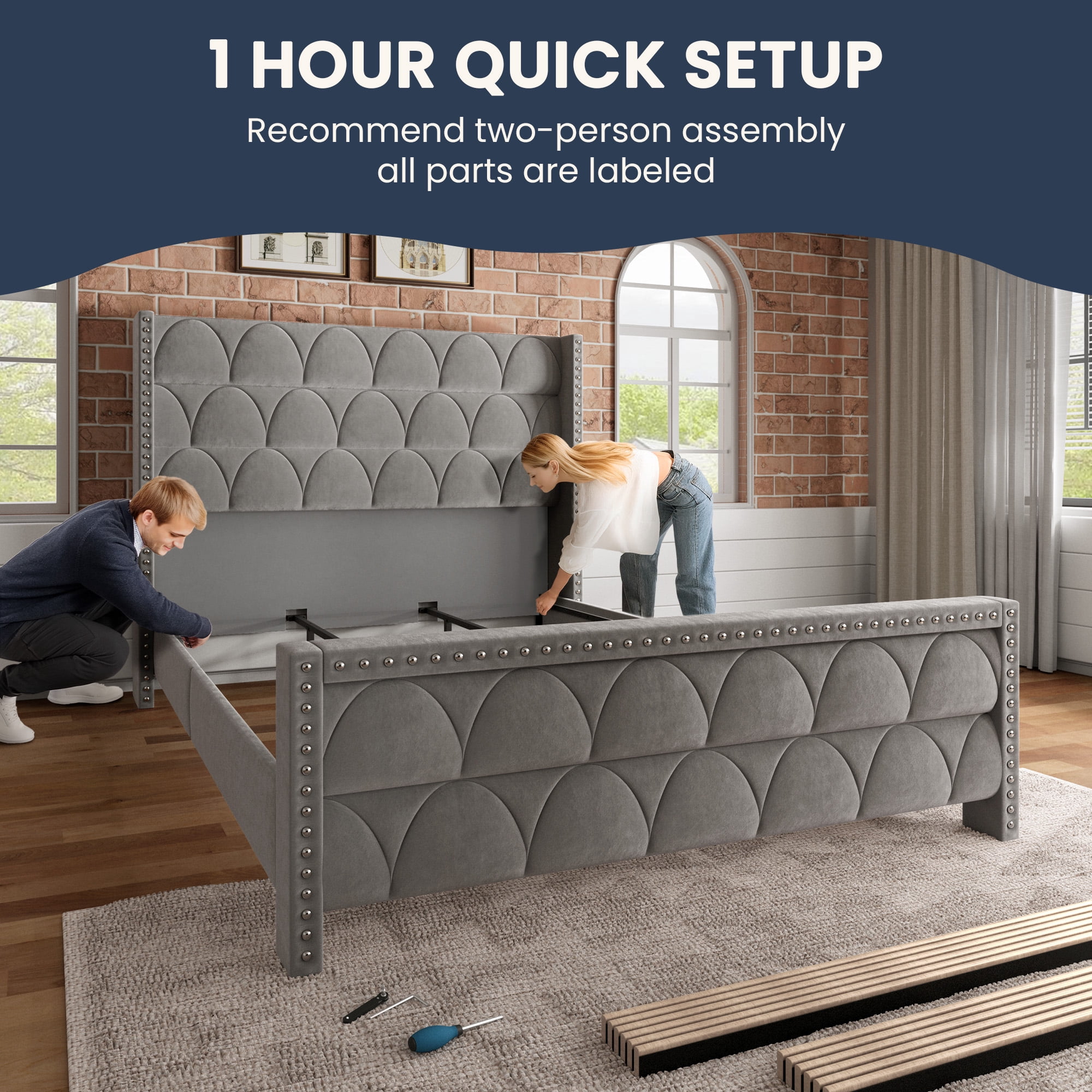 56" Velvet Upholstered Bed Frame with Wingback Headboard, Nailhead Trim, Wood Slat Support, No Box Spring Required