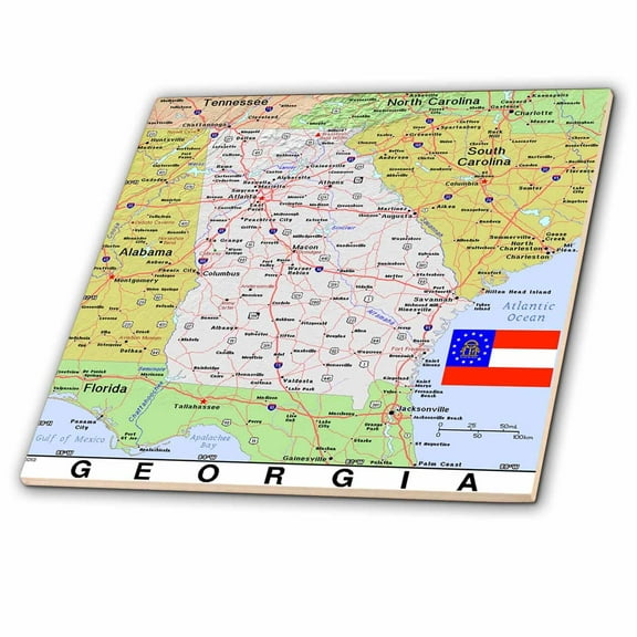 3dRose, Image of Georgia Topographic Map With State Flag, 4 Inch Ceramic Tile