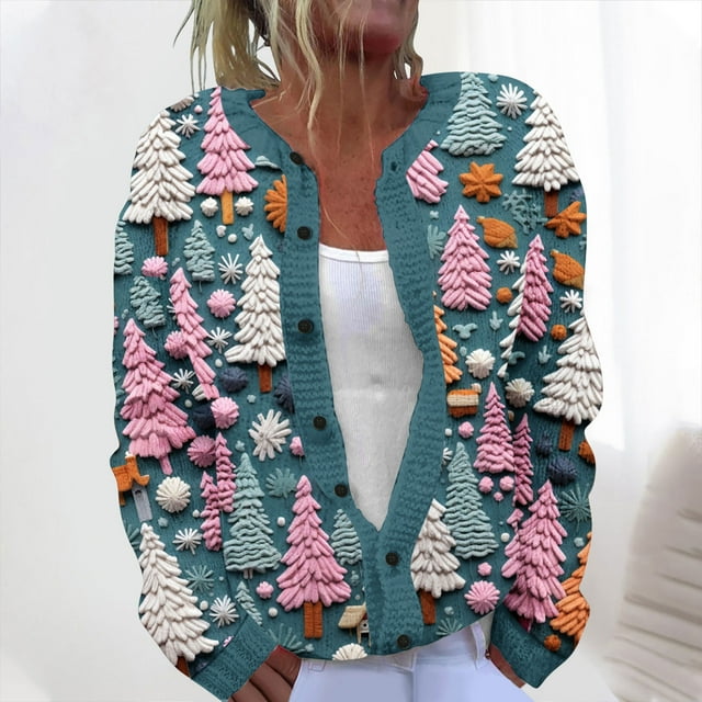 LOVZFMLL Cardigan pour Femmes Décontracté de Noël Imprimé Cardigan Tricoté Veste à Boutons Manteau