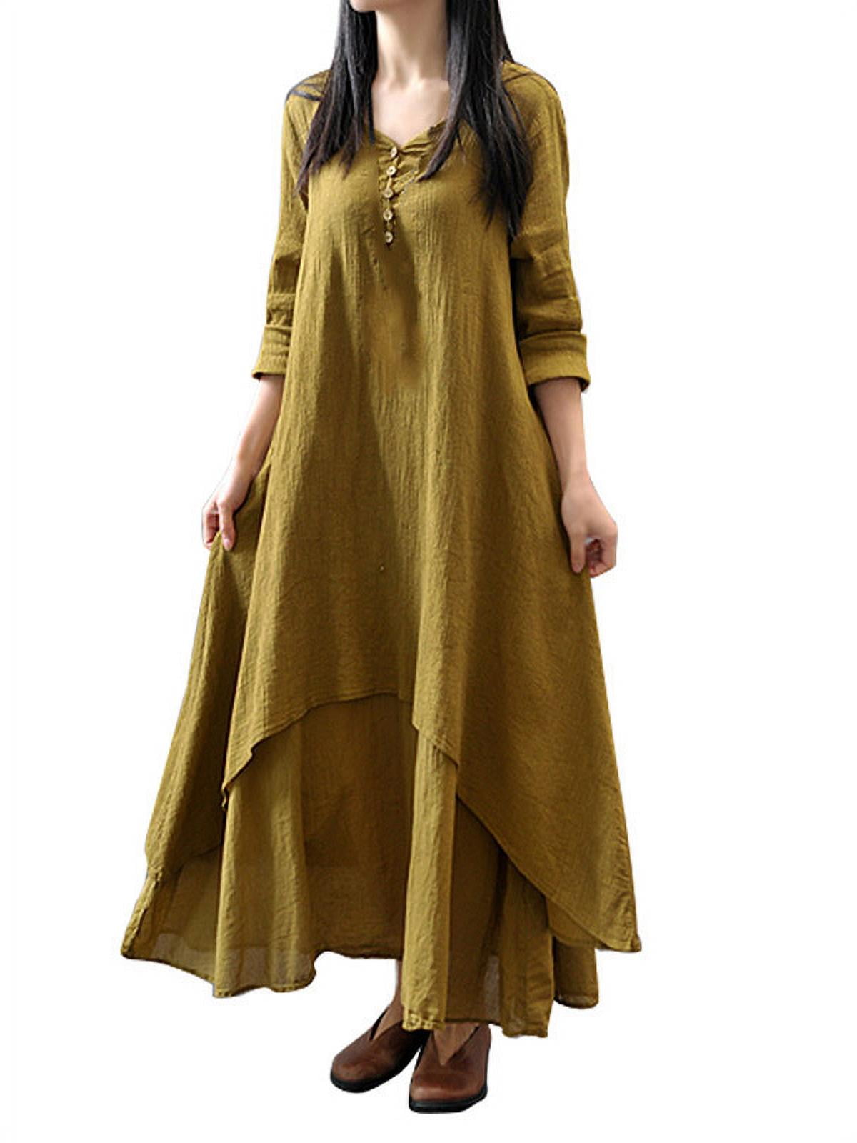 Fymall Womens Cotton Linen Maxi Dress Long Sleeve Casual