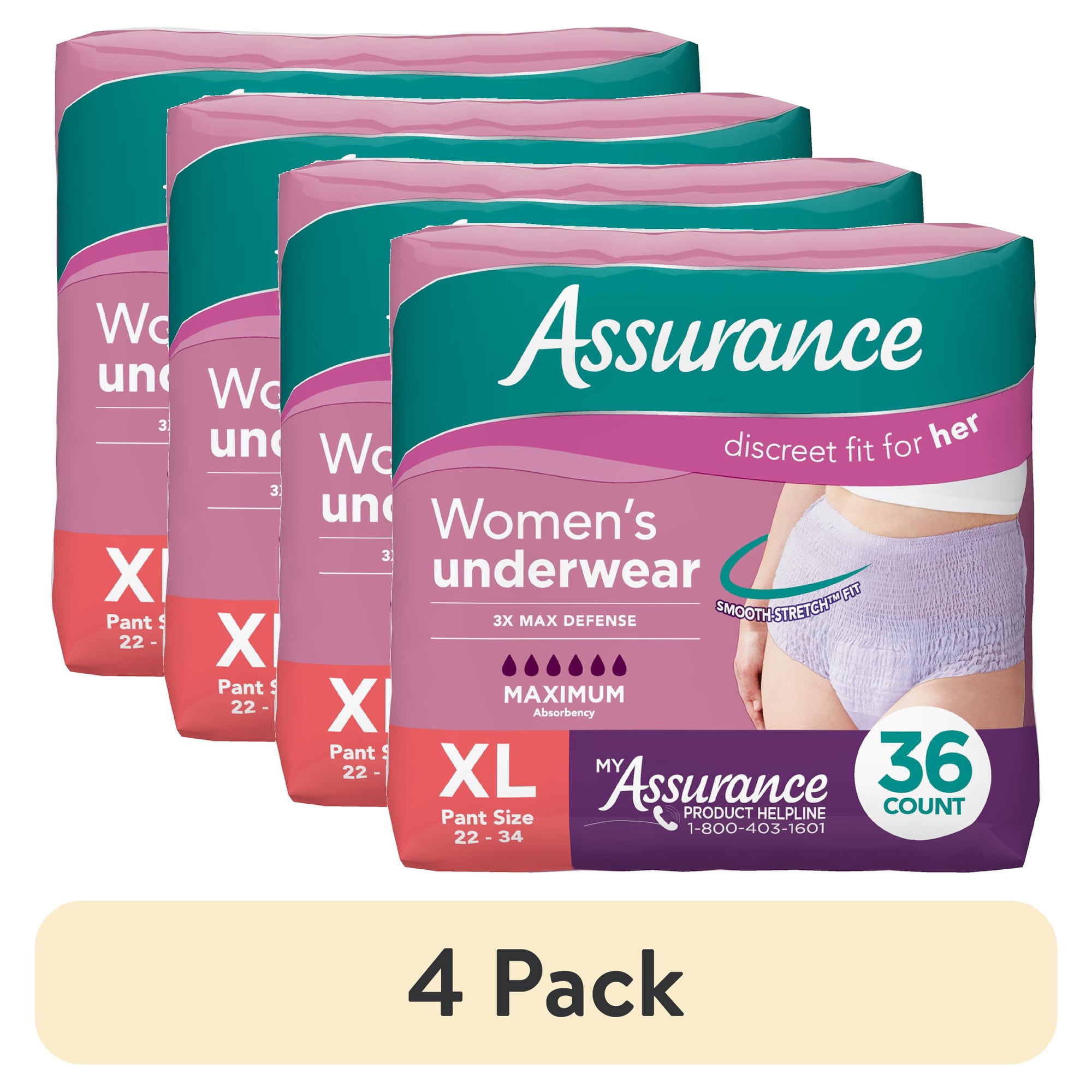 (4 pack) Assurance Women's Incontinence and Postpartum Underwear, XL , Maximum Absorbency, 36 Count