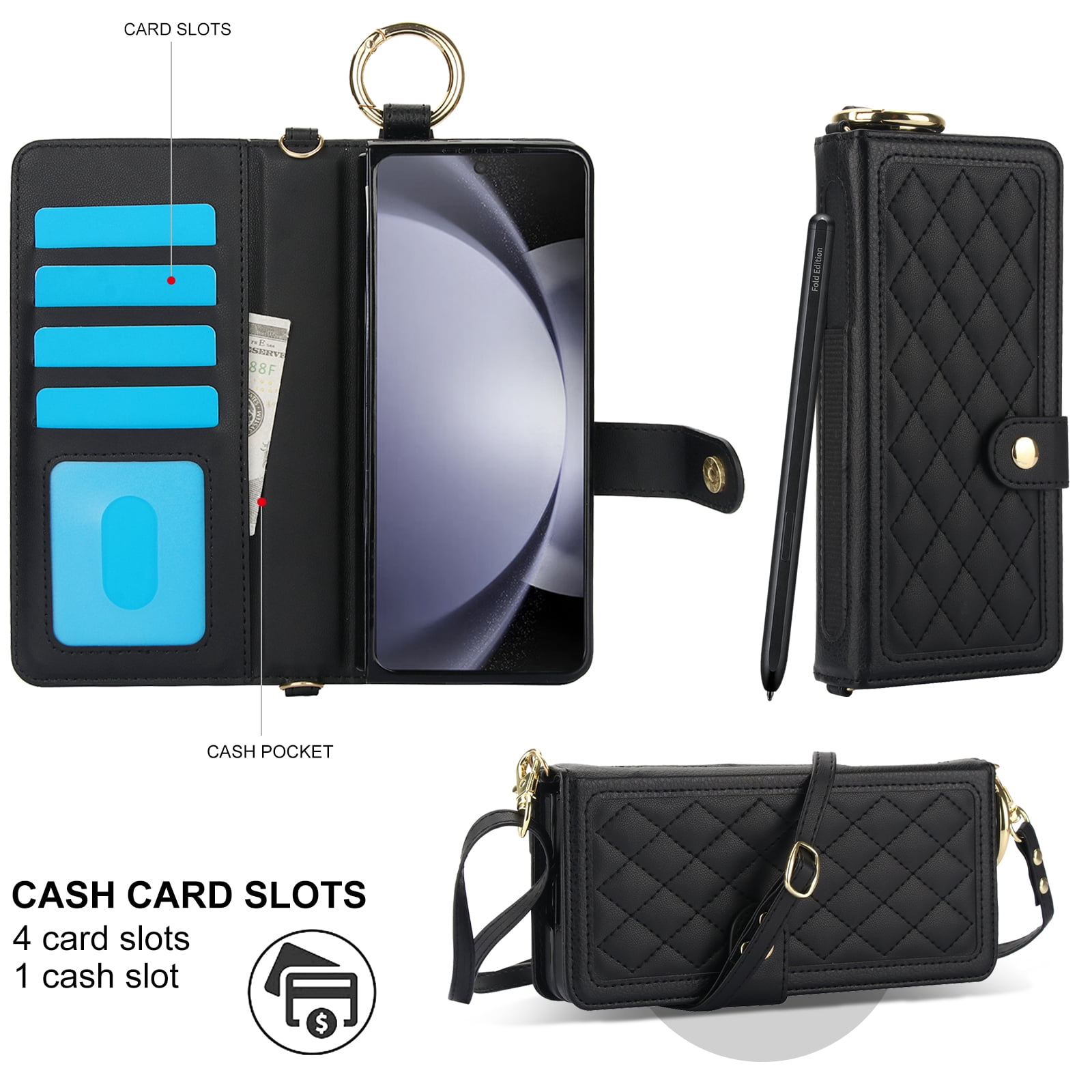 REQO Flip Phone Case for Samsung Galaxy Z Fold 6,Multifunctional Leather Wallet Cover with Wrist Strap Long Shoulder Strap RFID Blocking Case,Black