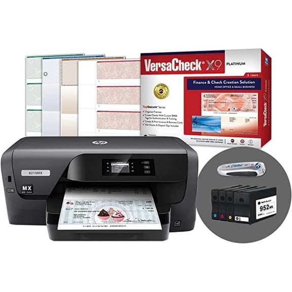 VersaCheck OfficeJet Pro 8210 MXE MICR Check Printer X9 Platinum 5-User Check Printing Software Bundle, MICR Black Color