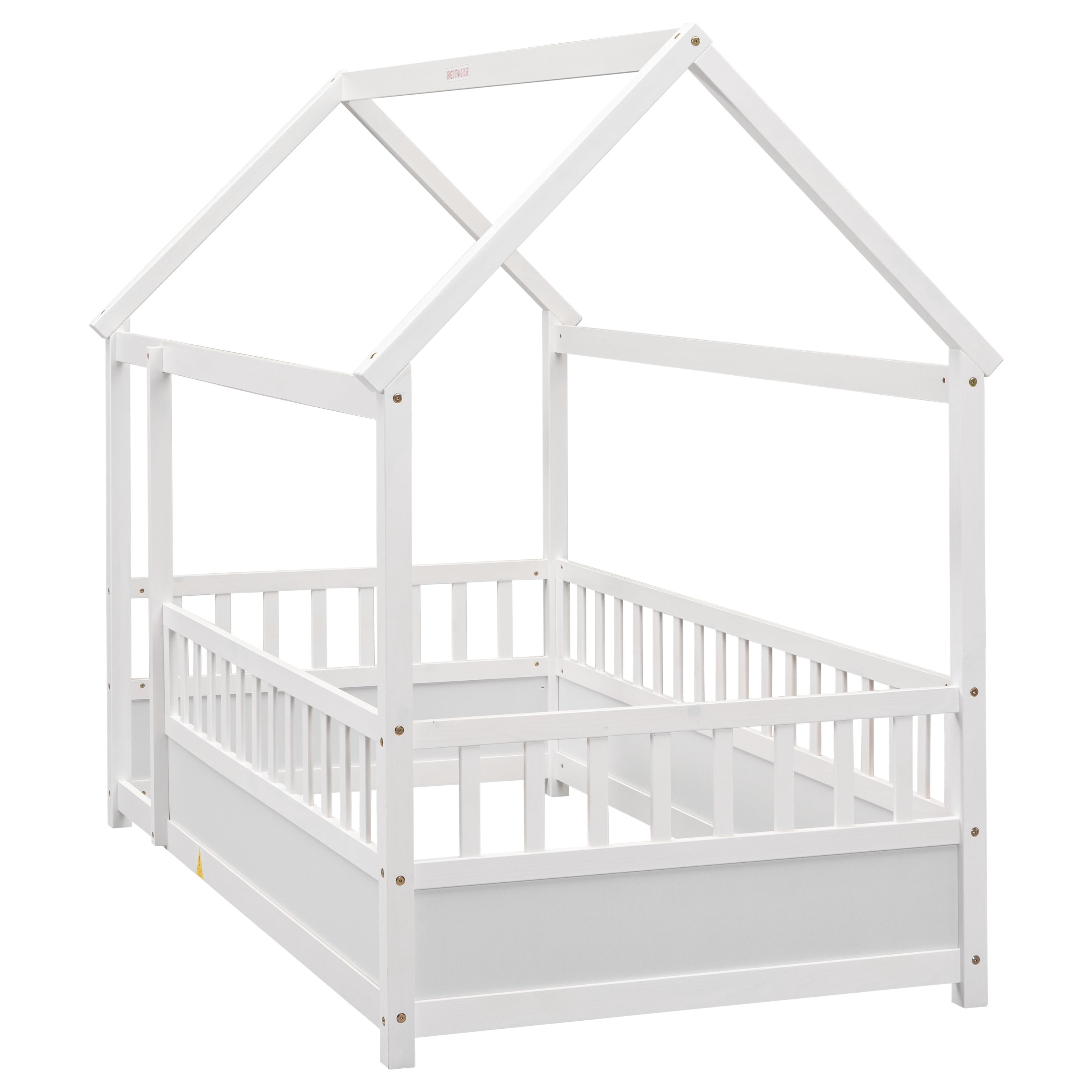 Floor Wooden Bed with House Roof Frame, Twin Size Fence Guardrail Bed for Kids, White Pine Wood Children's Bedroom Furniture, 20-Inch High Fence with Roof Structure
