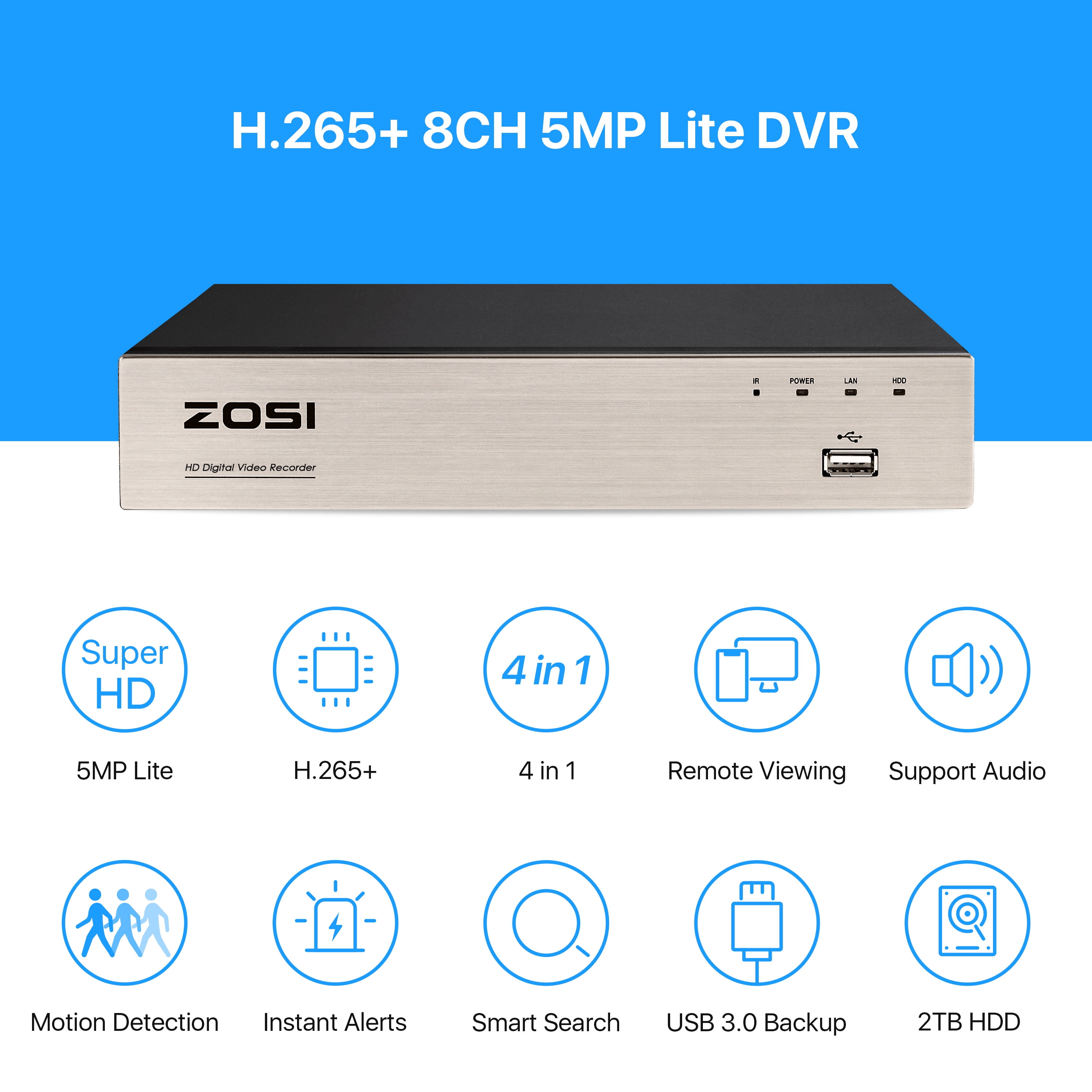 ZOSI H.265+ 5MP Lite 8CH CCTV Security Camera System 1080P 4in1 DVR with 8 Bullet Waterproof Wired Surveillance Cameras Alarm System Motion Detection