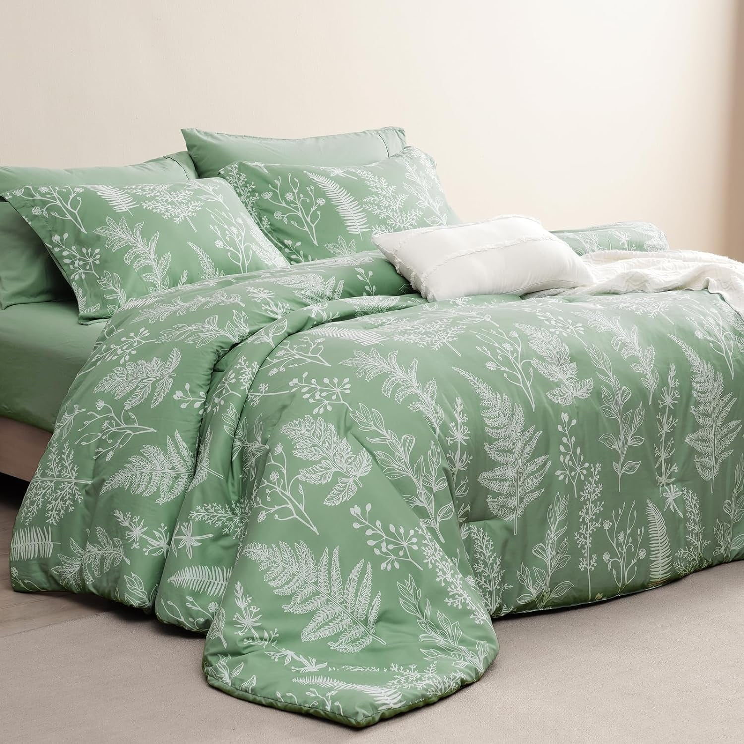 PHF 3 Pieces Printed Comforter Set King Size, Lightweight Botanical Floral Bed in a Bag, Ultra Soft Bedding Set with 1 Reversible Comforter and 2 Pillow Shams, Sage Green