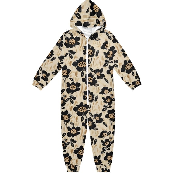 Leopard Print Flower Boys & Girls Hooded One-Piece Pajamas Warm Crystal velvet Hooded Long Sleeve Loungewear Jumpsuit Unisex