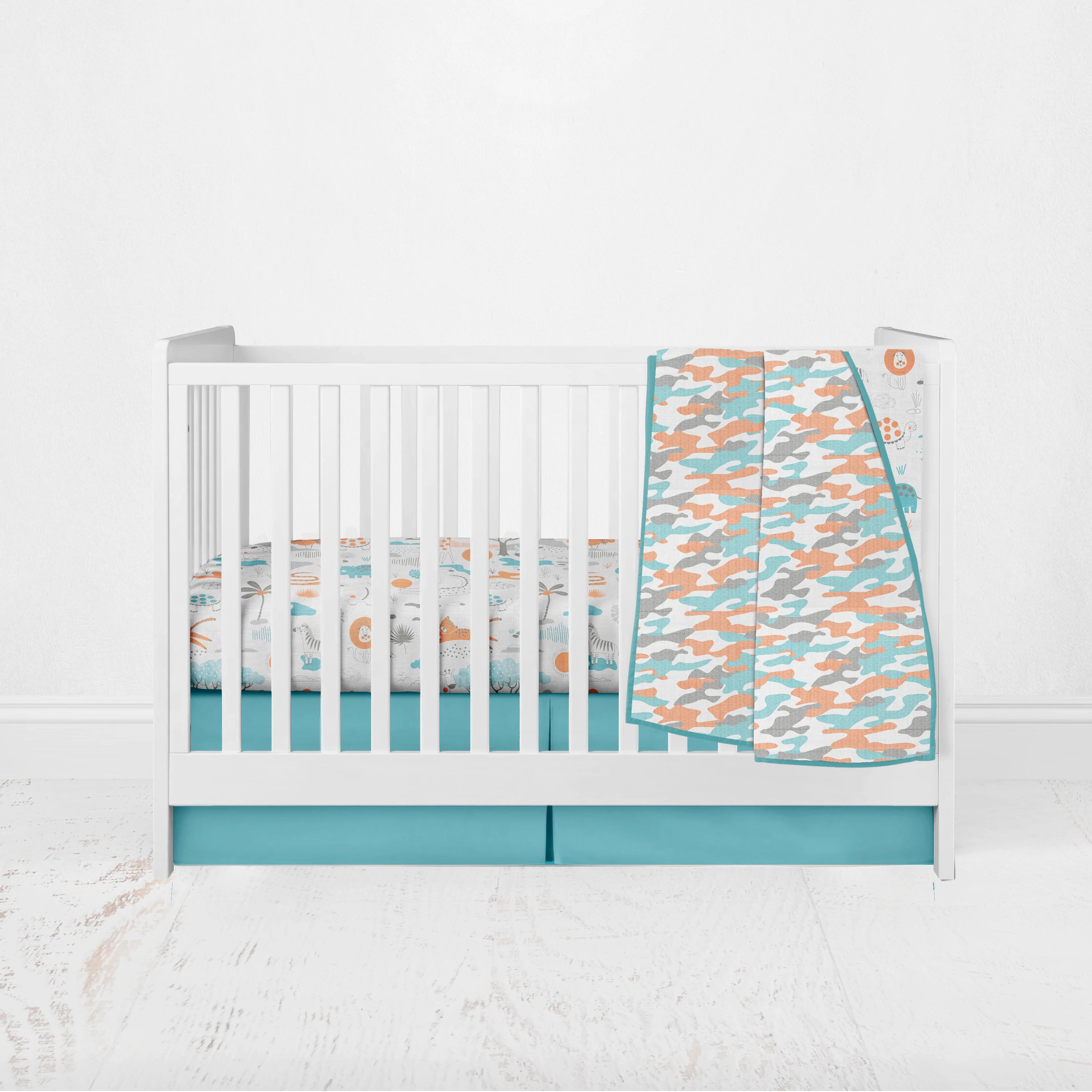 Bacati - Jungle Safari 4-Piece Muslin Crib Bedding Set with 2 Crib Sheets - Aqua Orange Gray Boys