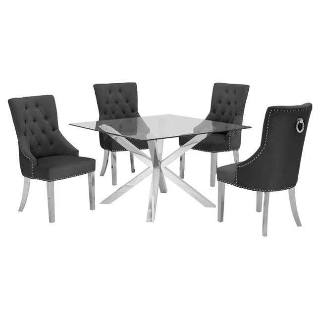 47" x 47" Clear Glass 5pc Dining Set with Silver Stainless Steel