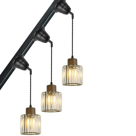 

KAYYELAMP 3-Pack Tilt Position Track Light H-Type Walnut Base Crystal Shade Adjusted Cord Retro Pendant Light for Inclined Position Roof(No Bulb Track)