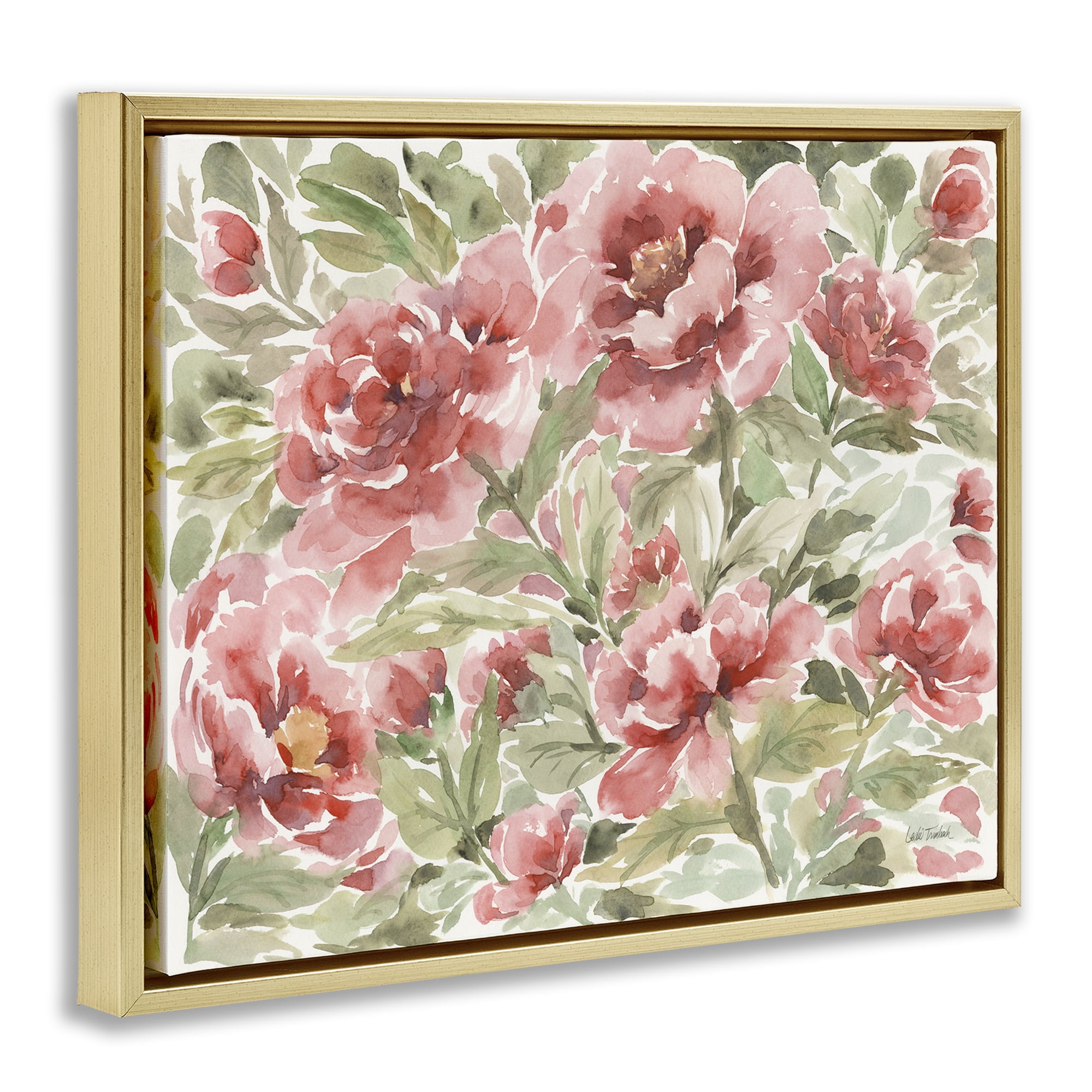 Stupell Industries Pink Peonies Pattern Botanical & Floral Painting Gold Floater Framed Art Print Wall Art, 21 x 17