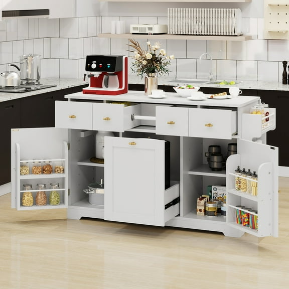 Uforic Kitchen Island with Power Outlets & Drop Leaf, Kitchen Cart with Trash Storage, White