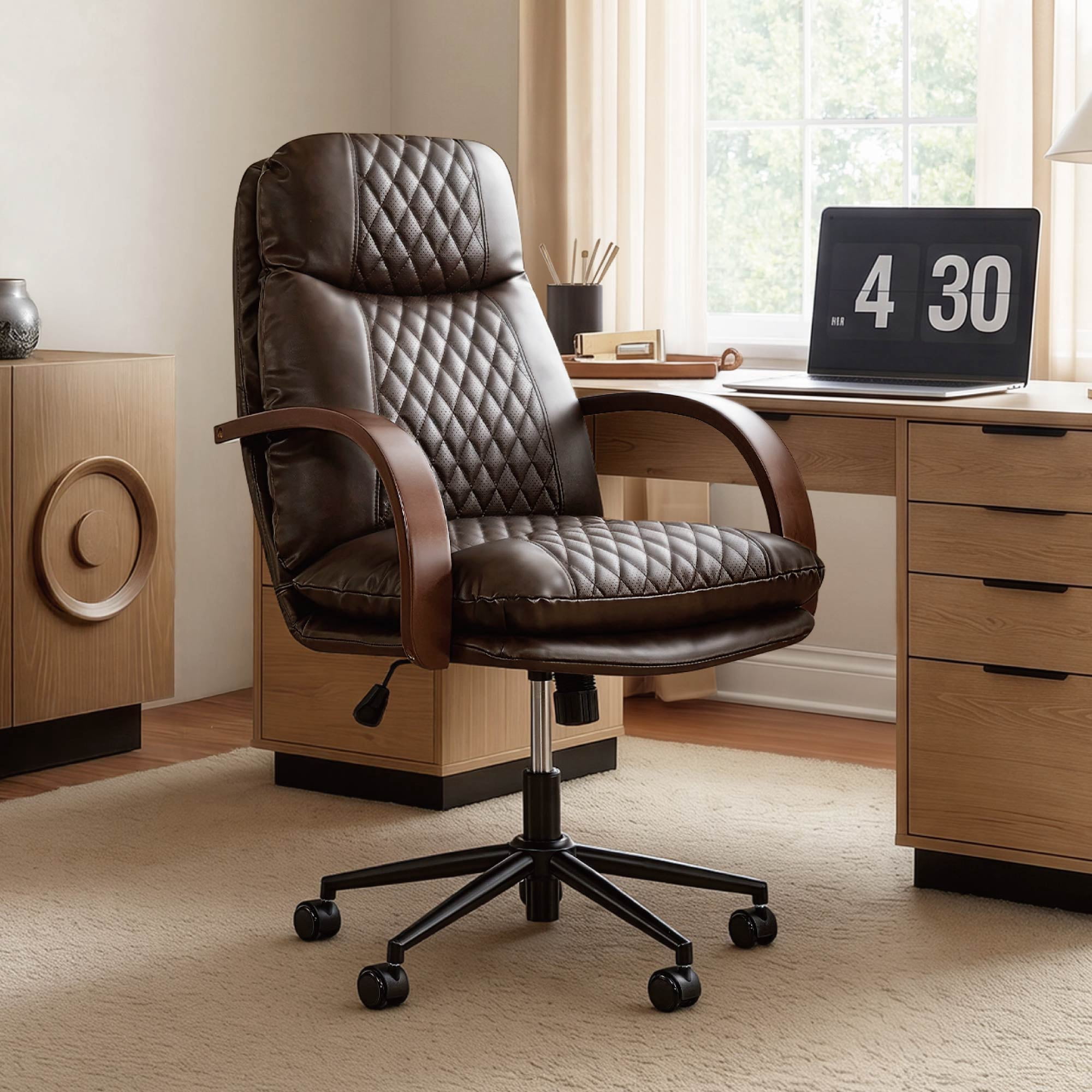 Spruce & Spring Modern Ergonomic Swivel Office Chair with Bentwood Arms, Upholstered High Back Desk Chair with Tilt Function and Durable Metal Base, Espresso