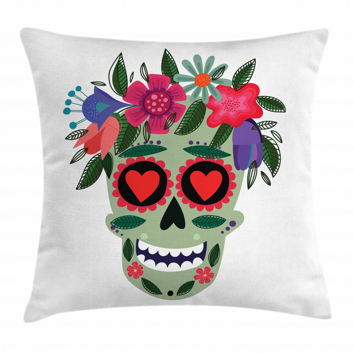 Sugar Skull Throw Pillow Cushion Cover, Smiling Skull Figure Wearing