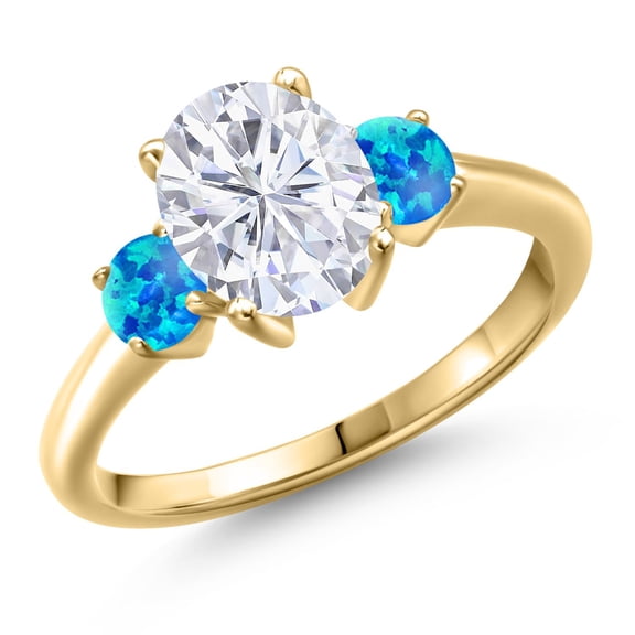Gem Stone King 18K Yellow Gold Plated Silver White Moissanite and Simulated Blue Opal Engagement Ring for Women | 2.60 Cttw | Oval 9X7MM | Gemstone Birthstone | Size 9