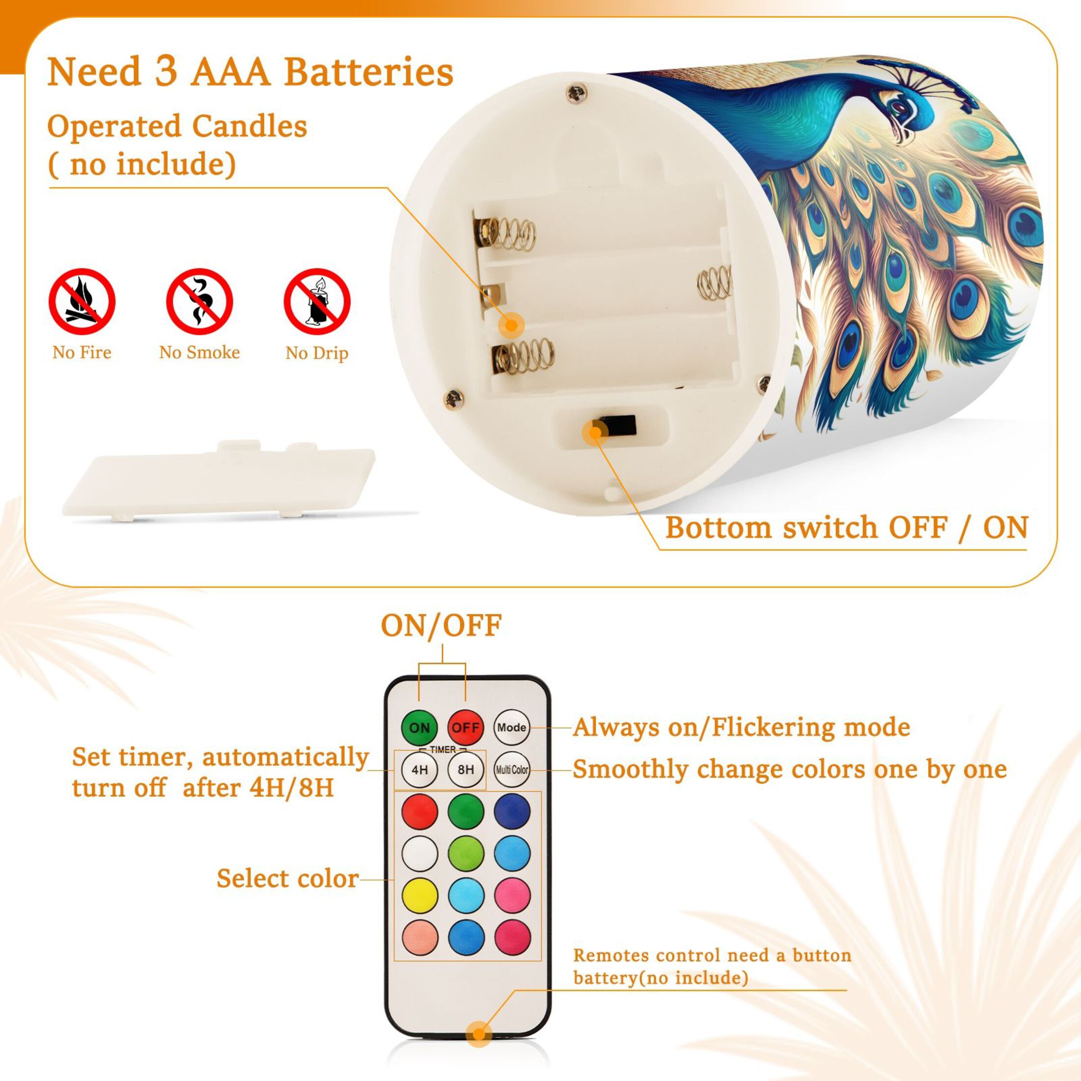A Peacock Flameless Candles&nbsp;LED Lights Battery Operated Candles with Remote and Timers Flicker Lights Votive Set of 2