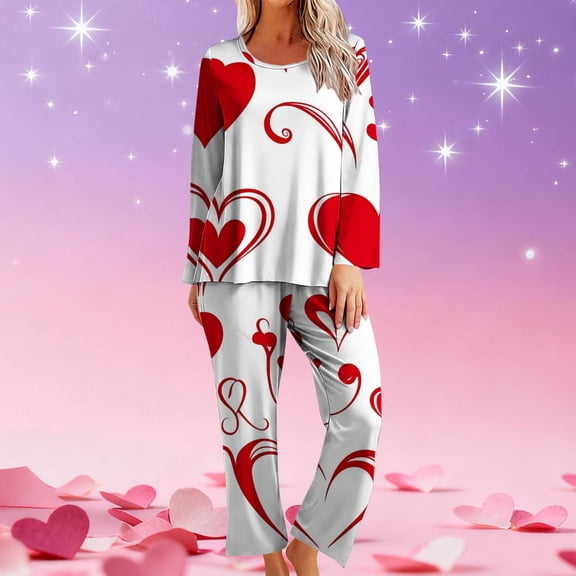 Sakmal Ladies Valentine's Day Pajamas Sets Love Plus Size Long Sleeve Shirt with Pants Matching Sleepwear Red Crew Neck Pajama Set for Women L