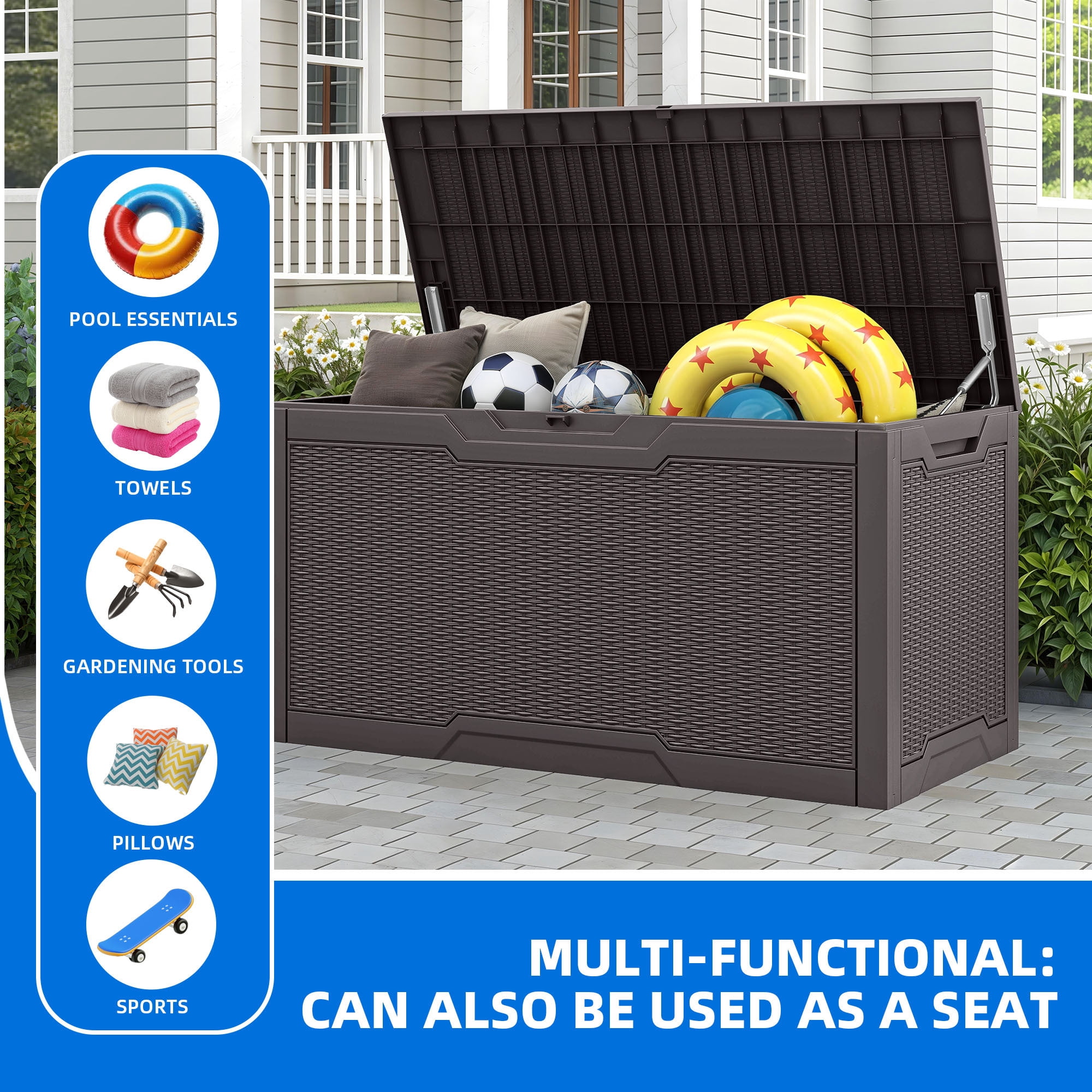 Dextrus 100 Gallon Large Resin Deck Box , Dark Brown Water Resistant Outdoor Storage Container, Lockable Organizer for Patio Cushions, Garden Tools, Pool Supplies & Indoor Outdoor Essentials