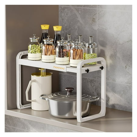 

Tabletop Kitchen Storage Rack White Plastic Double Layers Telescopic Kitchen Shelf Organizer for Home Stove Basin