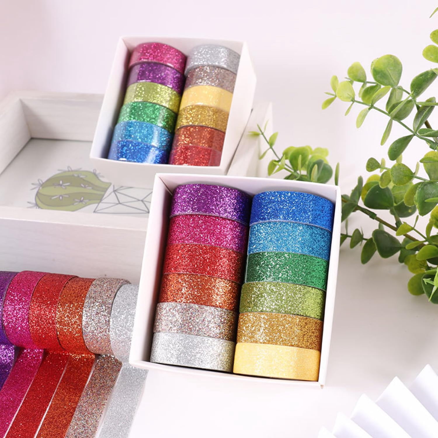 12 Rolls Glitter Washi Tape Set – 15mm Rainbow Colored Masking Tape, Sparkle Decorative Tape for DIY, Art, Scrapbook Tape, Decor & Crafts