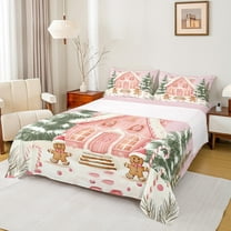 Manfei Merry Christmas Queen Sheet Sets,Kawaii Gingerbread Man Flat Sheet,Green Xmas Tree Queen Fitted Sheet For Girls Teens,Luxury Bedroom Decor,4pcs