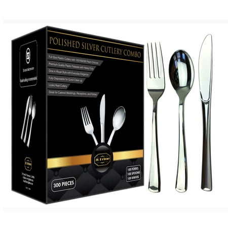- 300 Silver Plastic Silverware Set, Silver Plastic Cutlery Set, Heavy Duty Utensils for Party & Wedding, Disposable Silver Flatware, Silver Plastic Forks, Spoons, Knives,100 Each