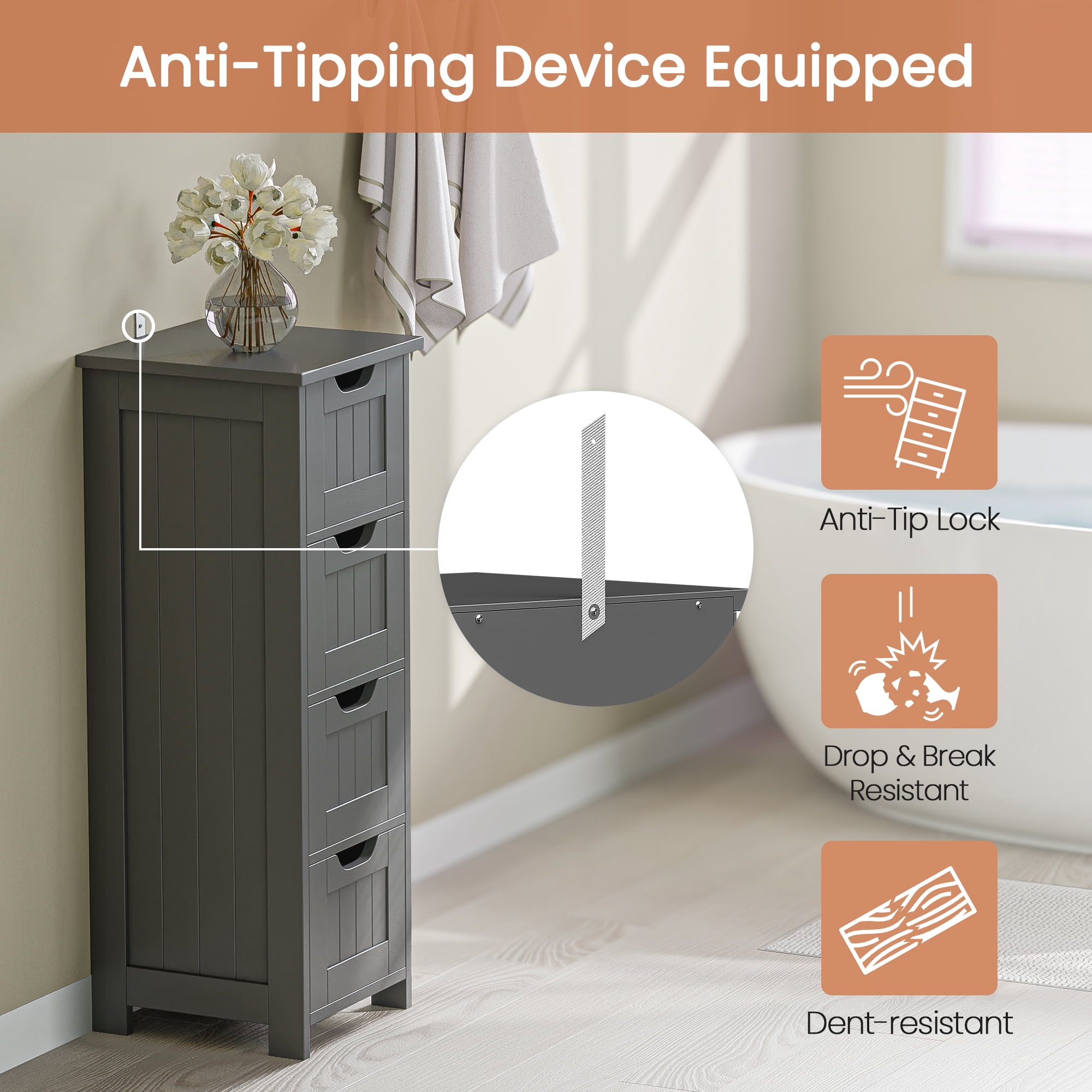 SuperDeal 4-Drawer Bathroom Storage Cabinet – Freestanding Wood Organizer Waterproof Small Side Cabinet for Home Living Room, Gray