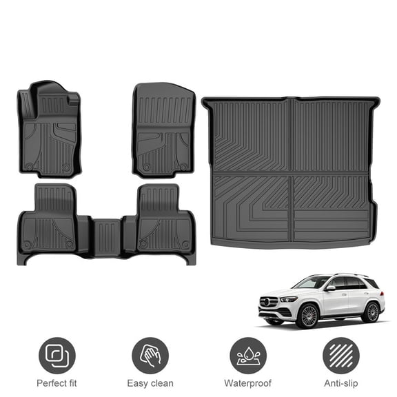 Custom Fit TPE Floor Mats & Cargo Liner for Mercedes Benz GLE 2016-2019, All Weather Waterproof Anti‑Slip 1st & 2nd Row Floor Liners Trunk Mat Full Set Car Accessories