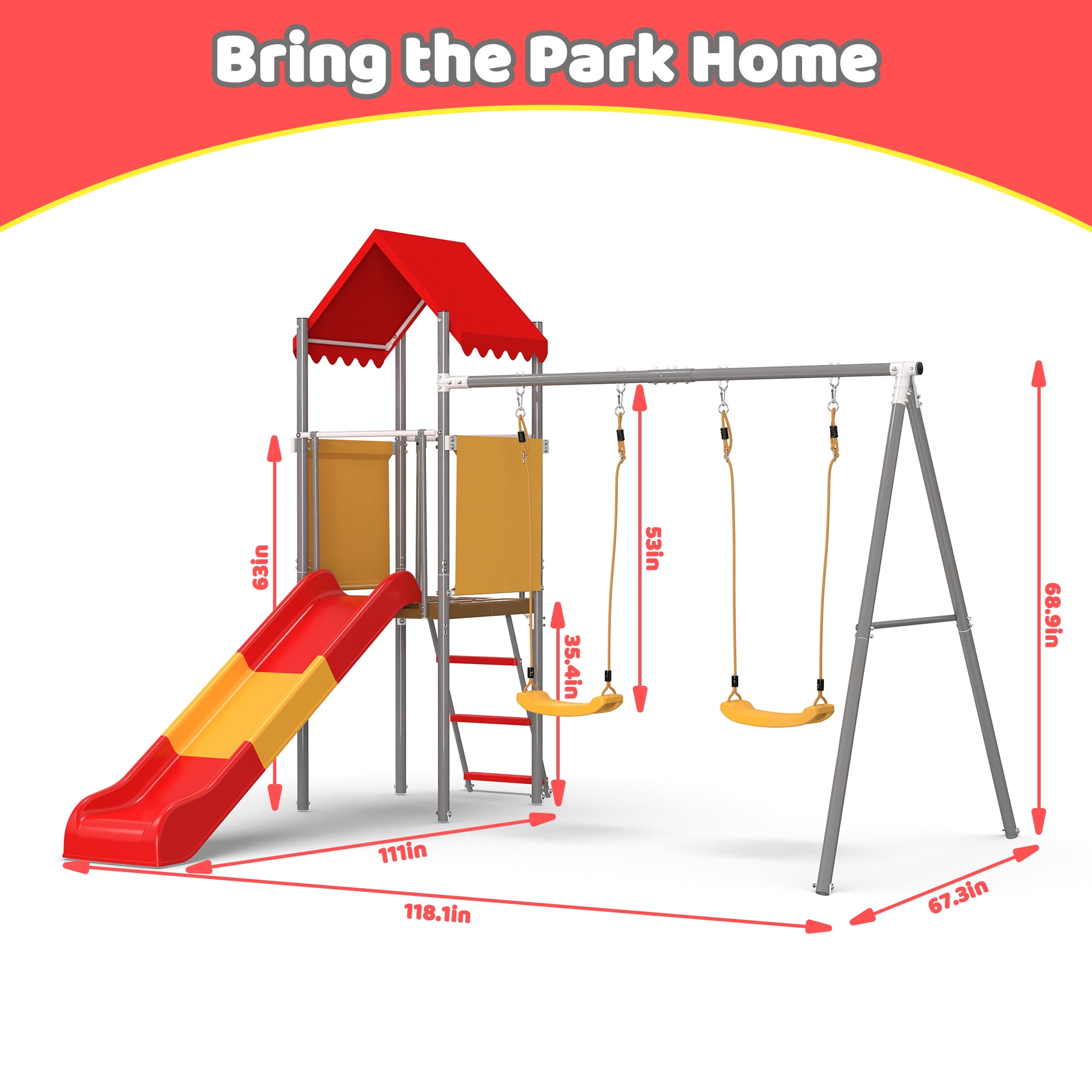 Leumius Metal Swing Sets for Backyard,Outdoor Playset with Slide,Heavy Duty Playground with 2 Swings,Durable Play Equipment with Canopy Roof, Flat-Step Ladder,Orange-Red