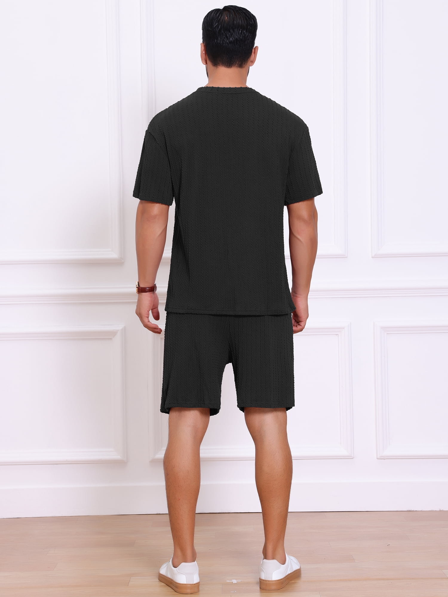 DARING DIVA Men's 2 Pieces Texture Crew Neck Shirt Top and Shorts Outfits 4XL Black