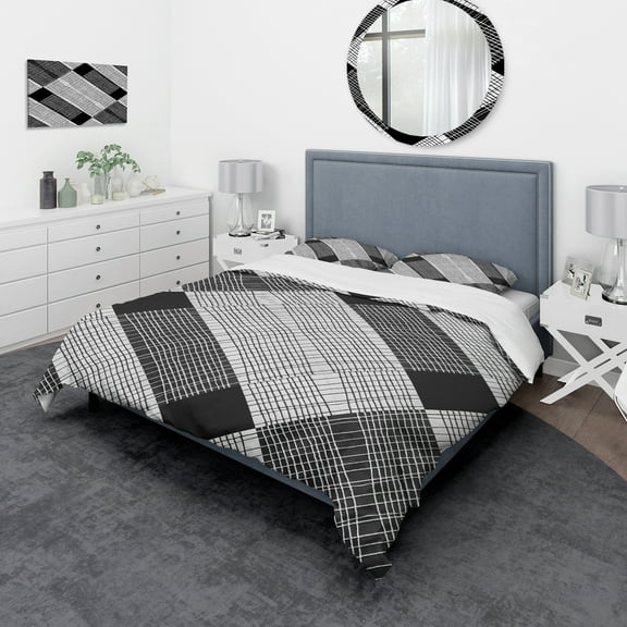 Designart 'Black and White Check Stipes Pattern' Modern & Contemporary Duvet Cover Set